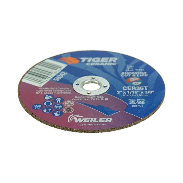 Weiler Type 1, 3 in Dia, 1/16 in Thick, Ceramic, 36 Grit 58342 - main